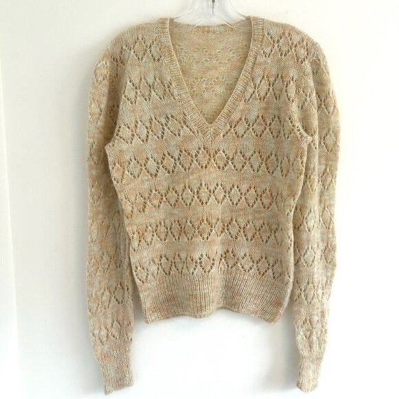 Hand Knit Lace V-Neck Pullover Sweater Size Small - Picture 2 of 9